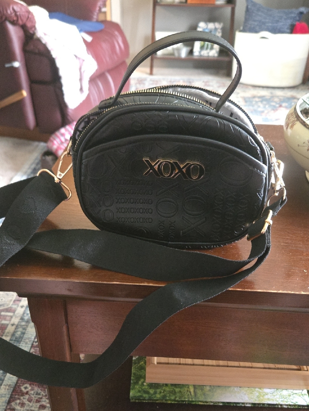 XOXO Black Quilted Logo Crossbody with Gold Hardware